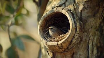 A Small Bird Nestled Comfortably in a Natural Tree Hollow During Early Morning Light photo