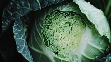 Fresh Green Cabbage With Dew Drops Captured Close Up In A Garden During Early Morning Light photo