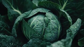 Freshly Harvested Cabbage Surrounded by Dewy Green Leaves in Early Morning Light photo