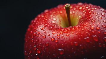 Close-Up of a Juicy Red Apple Glistening With Water Droplets Against a Dark Background photo