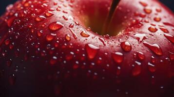 Freshly Picked Red Apple Covered in Water Droplets on Dark Surface photo