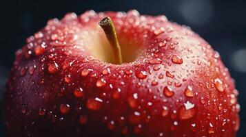 Freshly Picked Red Apple Covered in Dew Drops on a Dark Background Under Soft Natural Light photo
