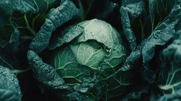 Freshly Harvested Green Cabbage Surrounded by Lush Leaves in a Garden Setting During Early Morning photo