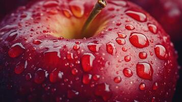 Fresh Red Apple With Water Droplets on Surface, Close-Up View, Harvest Season, Natural Lighting photo