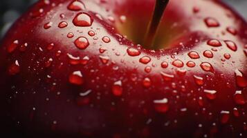 Fresh Red Apple Covered in Water Droplets Captured Up Close Against a Dark Background photo