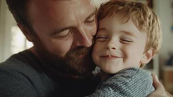 Father and Son Share a Joyful Moment Together in Their Cozy Home During a Sunny Afternoon photo