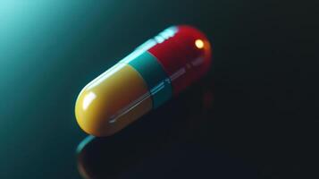 Close-Up View of a Red and Yellow Capsule on a Reflective Surface at Night photo