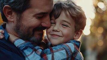 Joyful Father and Son Embrace in Warm Autumn Light at Park photo