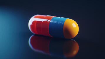 Colorful Capsule on Dark Surface Reflecting Light During Creative Pharmaceutical Photography Session photo