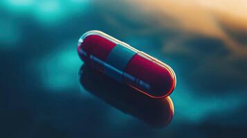 Bright Red Capsule Resting on Reflective Surface in Soft Light During Evening Hours photo