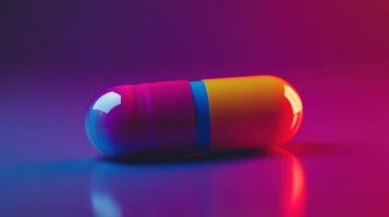 Vibrant Colorful Capsule Lies on Glossy Surface Illuminated by Soft Purple and Orange Lighting photo