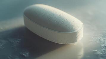 Close-Up of a White Oblong Tablet on a Reflective Surface With Soft Lighting photo