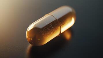 Golden Softgel Capsule Placed on Dark Surface With Subtle Gleam in Natural Light During Early Evening photo