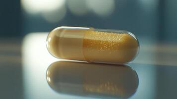 Close-Up View of a Gelatin Capsule on a Reflective Surface in a Clinical Environment photo