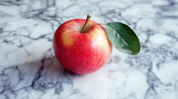 Fresh Red Apple With Green Leaf on Marble Countertop in Bright Light photo