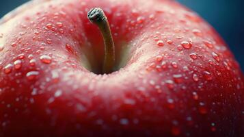 Fresh Red Apple Glistening With Water Droplets Against a Soft Blue Background photo
