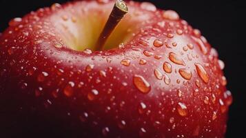 Fresh Red Apple Close-Up Captured With Glistening Water Droplets on a Black Background photo