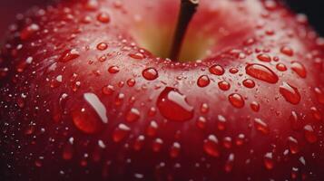 Close-Up View of Fresh Red Apple Covered in Raindrops Set Against a Dark Background photo