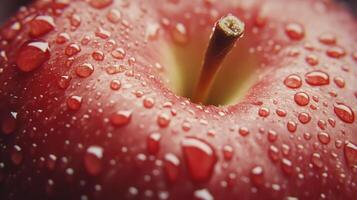 Fresh Red Apple Covered in Water Droplets With a Natural Background Taken in Morning Light photo