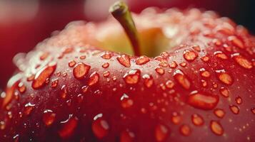 Fresh Red Apple Covered in Water Drops Against Dark Background in Natural Light photo