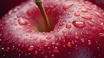 Freshly Harvested Red Apple Covered in Water Droplets Against a Dark Background in Natural Light photo