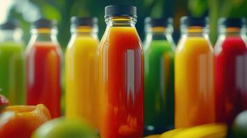 Vibrant Assortment of Fresh Juice Bottles Displayed in a Market Setting During Daylight photo