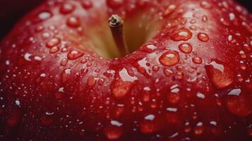 Freshly Washed Red Apple Covered in Raindrops Close-Up in Natural Light photo