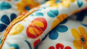 Colorful Floral Patterned Fabric With Bright Stitching Folded on Soft Surface photo