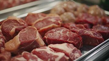 Fresh Cuts of Beef Displayed Neatly on a Metal Tray in a Local Butcher Shop During Daytime Hours photo