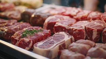 Fresh Cuts of Quality Meat Displayed at Local Market During Sunny Afternoon photo