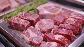Fresh Cuts of Various Meats Displayed on a Silver Tray in a Local Market photo