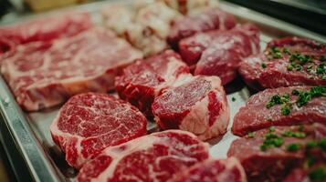 Assorted Cuts of Fresh Meat Displayed on a Stainless Steel Tray in a Busy Market photo