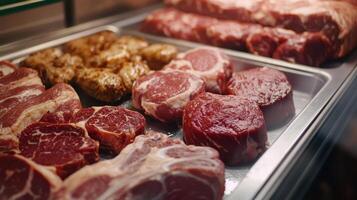 Freshly Cut Assorted Meats Displayed in a Store During Early Morning Hours photo