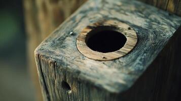 Close-Up View of a Weathered Wooden Post With a Circular Hole Surrounded by Nature During Early Morning Light photo