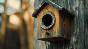 Handcrafted Wooden Birdhouse Attached to a Tree During Late Afternoon Light in a Peaceful Forest Setting photo