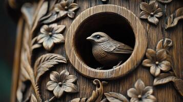 Intricately Carved Wooden Decoration Featuring A Bird Nestled Among Floral Patterns photo