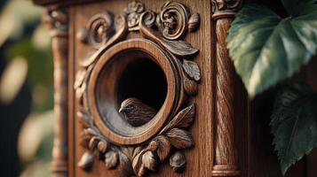 Intricately Carved Wooden Birdhouse With Bird Peeking Out Surrounded by Nature photo