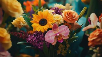 Vibrant Arrangement of Fresh Flowers Featuring Sunflowers, Roses, and Orchids at a Local Market in Autumn photo