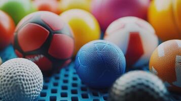 Colorful Array of Sporting Balls Arranged on a Blue Surface in a Bright Indoor Setting photo