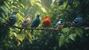 Vibrant Birds Perched on a Branch Amid Lush Greenery in a Tranquil Forest Setting photo