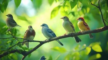 A Colorful Array of Birds Perched on a Branch Surrounded by Lush Green Foliage in a Serene Natural Setting photo