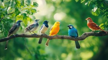 Colorful Birds Perched on a Branch in a Lush Green Forest During Daylight photo