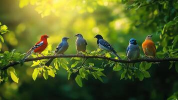 Colorful Birds Perched on Branches Surrounded by Lush Greenery During a Golden Hour in Nature photo