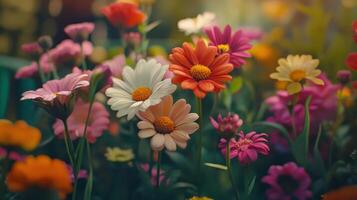 Colorful Garden Blooms in Late Afternoon Sunlight Displaying Nature's Beauty photo