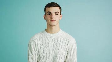 Young man wearing a knitted sweater poses against a blue background in a studio setting photo