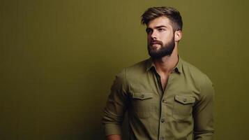 Young man with a beard poses against a green background, dressed in a button-up shirt, showcasing a thoughtful expression in indoor lighting photo
