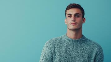 Young man with a slight smile poses against a solid turquoise background wearing a light blue knitted sweater during daylight photo