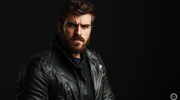 A man with a beard wearing a leather jacket poses against a dark background during an indoor photo shoot