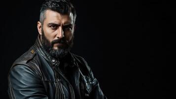 A man with a beard wearing a black leather jacket poses confidently against a dark backdrop photo
