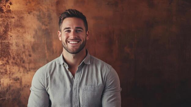Smiling man in a casual shirt poses against a textured brown backdrop during the afternoon photo